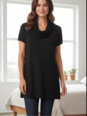 August Silk Black Short Sleeve Cowl Neck Tunic Knit Top Sweater Silk Cotton L
